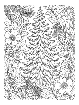 A detailed pine tree coloring page surrounded by pine cones and woodland flowers.