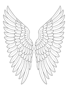 Symmetrical feathered angel wings coloring page with clean outlines.