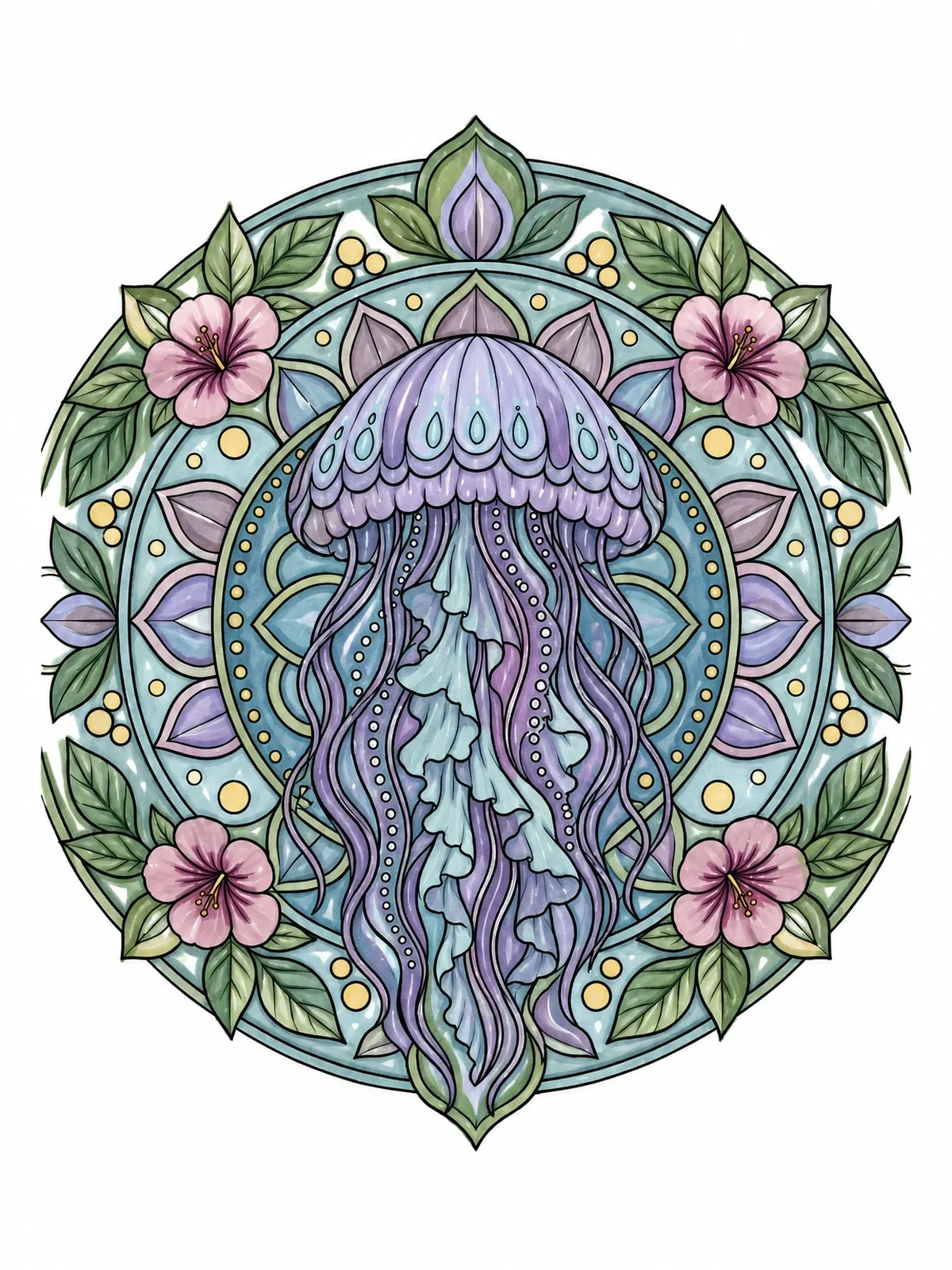 Colored example of the Detailed Floral Jellyfish Mandala coloring page