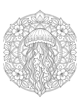 An intricate jellyfish coloring page framed by a floral circular mandala.