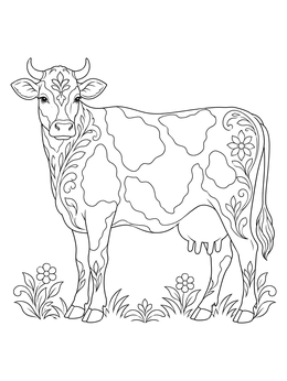 An ornate cow coloring page featuring floral patterns standing in a meadow.
