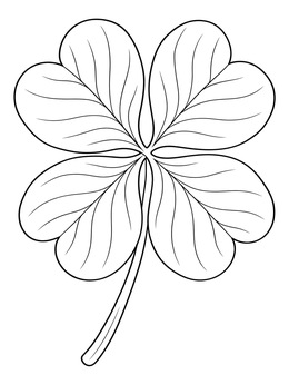 A four leaf clover coloring page showing delicate veins on four heart-shaped leaflets.