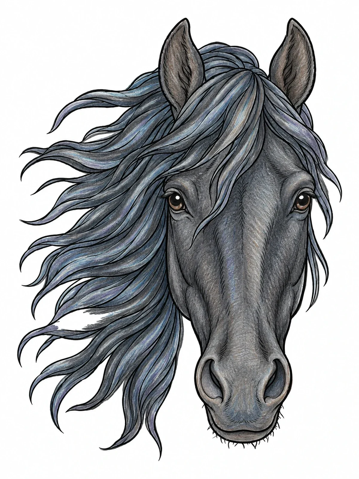 Colored example of the Detailed Friesian Horse Portrait coloring page