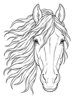 A detailed friesian horse coloring page showing a majestic horse face with flowing mane.