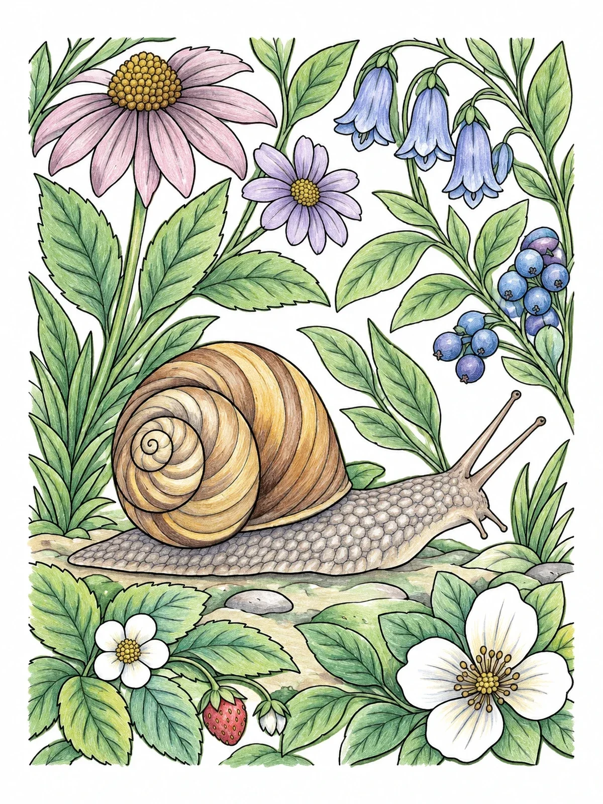 Colored example of the Detailed Garden Snail Among Flowers coloring page