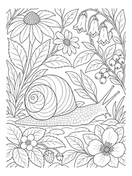 A detailed snail coloring page featuring botanical flowers, leaves, and berries.