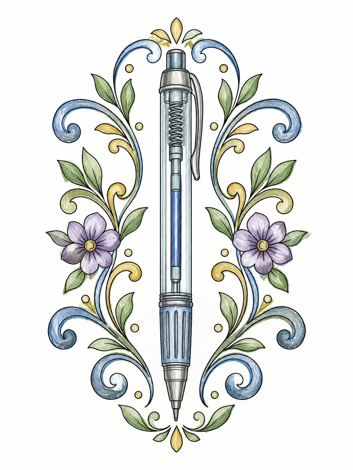 Colored example of the Detailed Gel Pen With Floral Flourishes coloring page