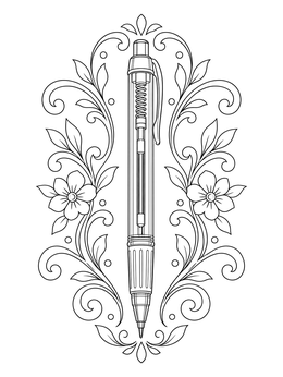 A detailed gel pen coloring page framed by elegant floral swirls and blossoms.