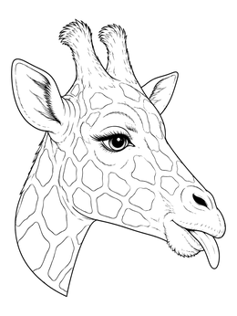 A giraffe coloring page featuring a detailed profile portrait with its tongue sticking out.