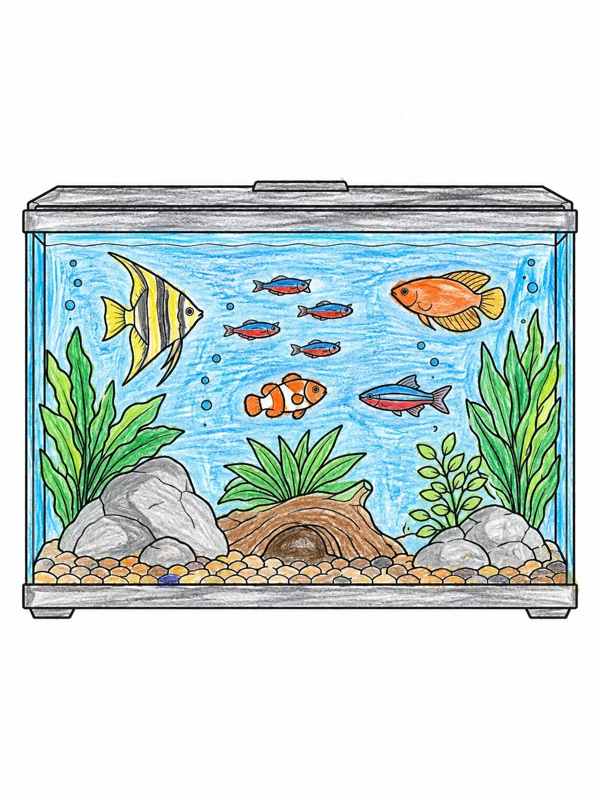 Colored example of the Detailed Glass Fish Tank Landscape coloring page