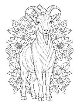 A detailed goat coloring page featuring floral mandala background patterns.