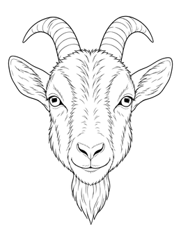 A detailed goat coloring page showing a close-up portrait of a horned goat with a beard.