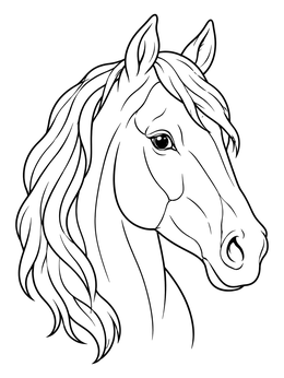 A detailed horse coloring page showing a graceful horse head with a flowing mane in three-quarter view.