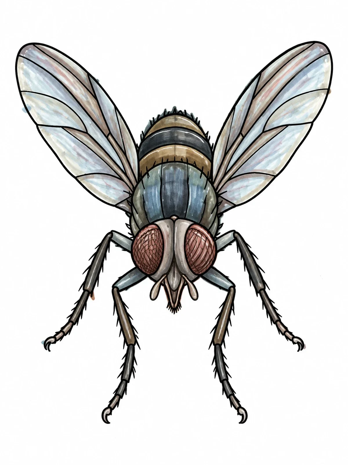 Colored example of the Detailed Housefly With Spread Wings coloring page