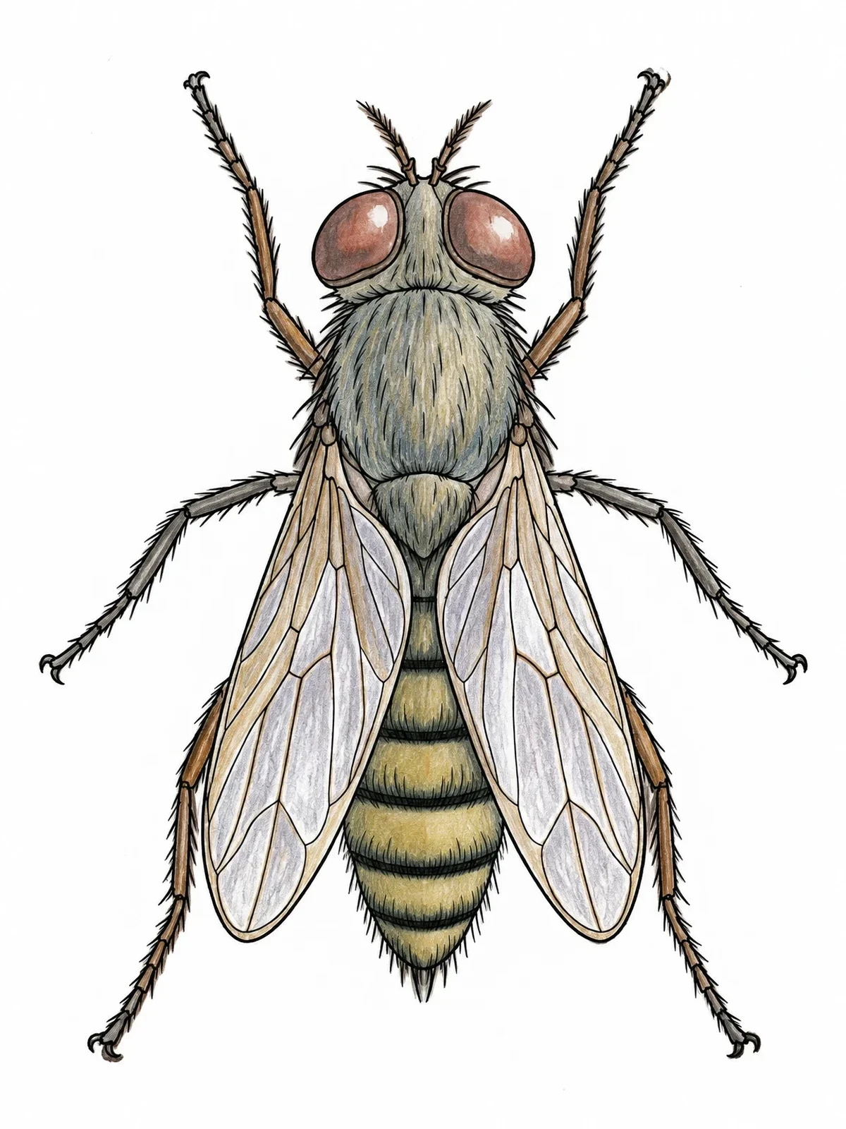 Colored example of the Detailed Housefly Top View coloring page