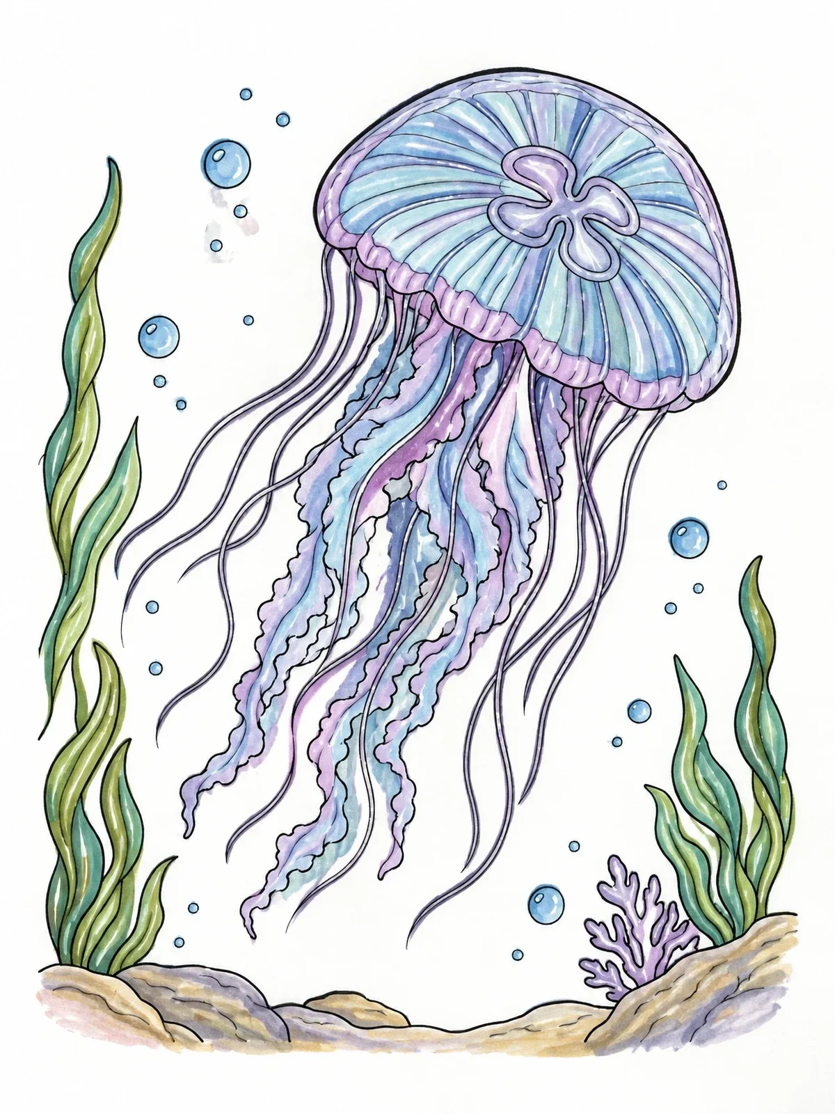 Colored example of the Detailed Jellyfish Gliding Through Ocean coloring page