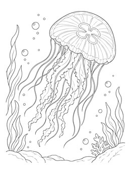 A realistic jellyfish coloring page featuring long flowing tentacles underwater with sea plants.