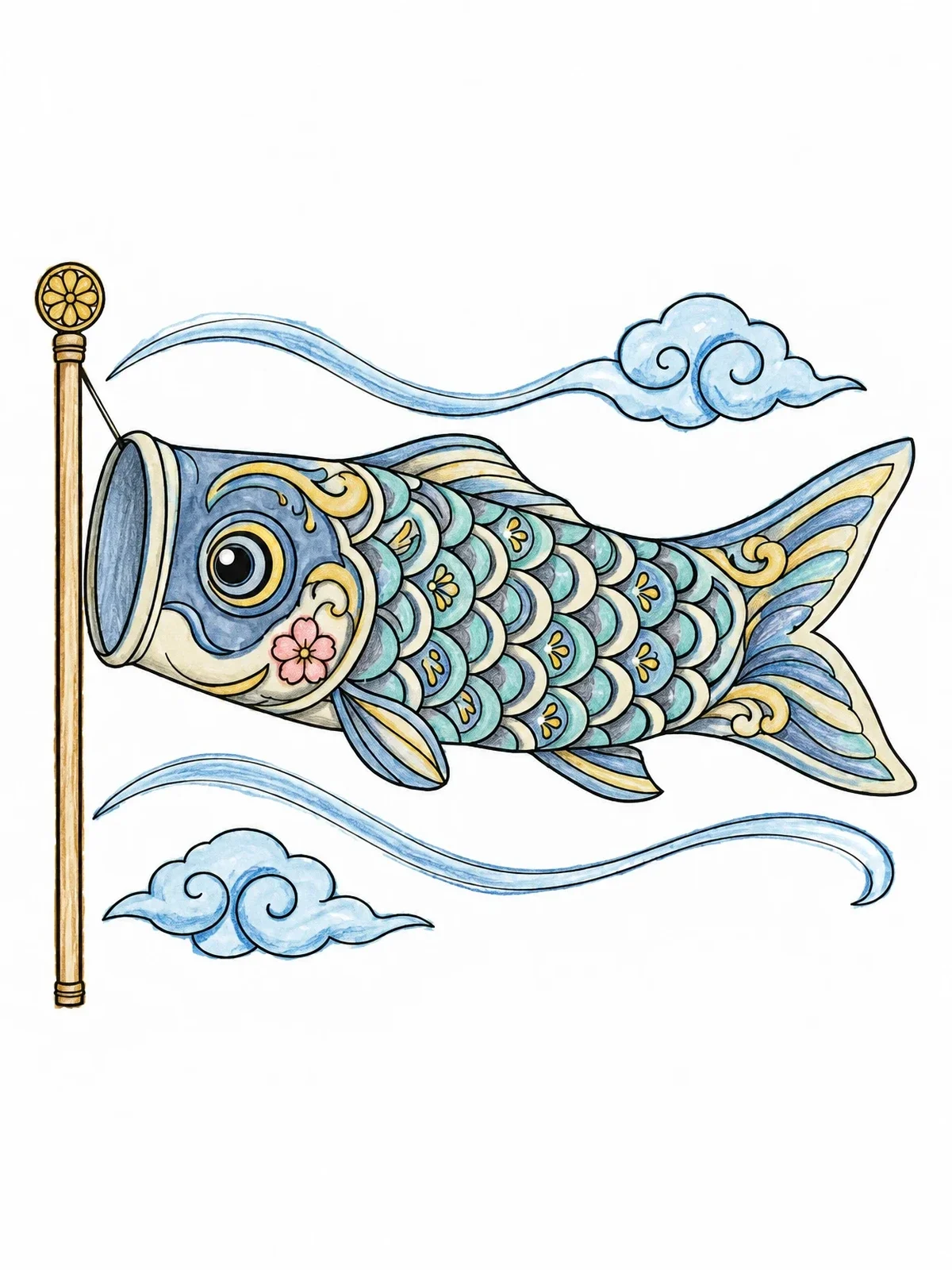 Colored example of the Detailed Koinobori Carp Streamer coloring page