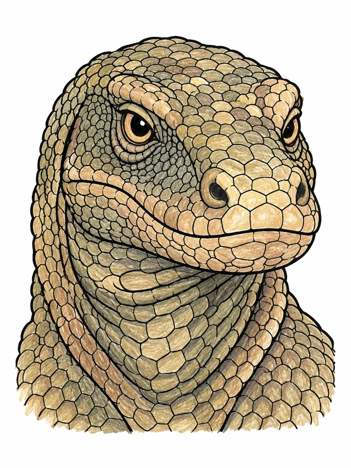 Colored example of the Detailed Komodo Dragon Portrait coloring page