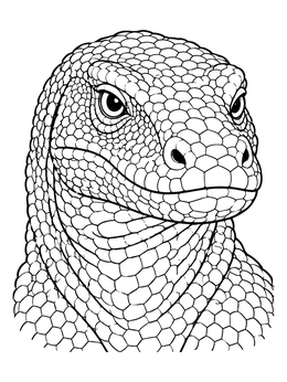 Intricate komodo dragon coloring page featuring a detailed close-up of its scaly head.