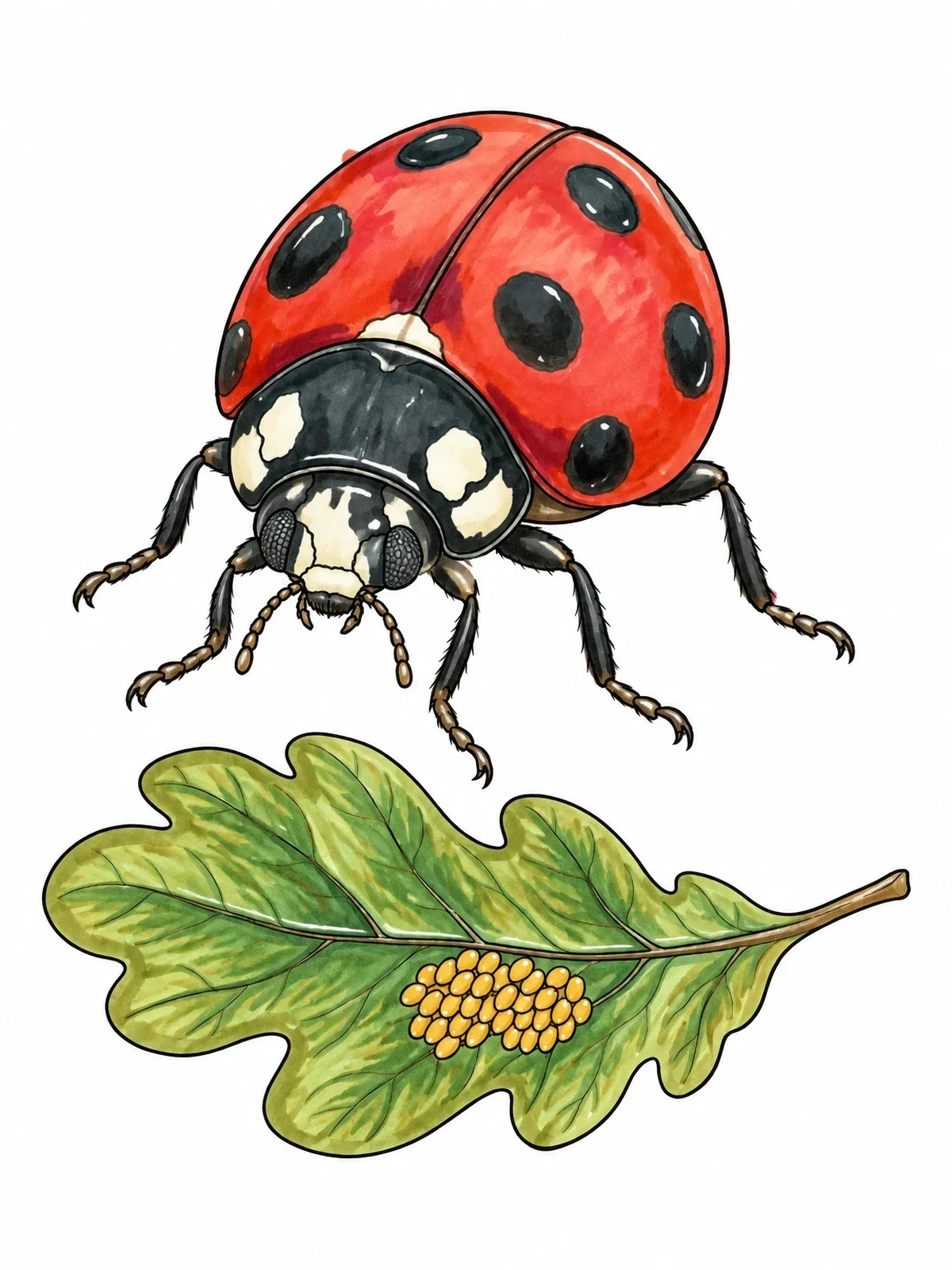 Colored example of the Detailed Ladybug With Oak Leaf And Eggs coloring page