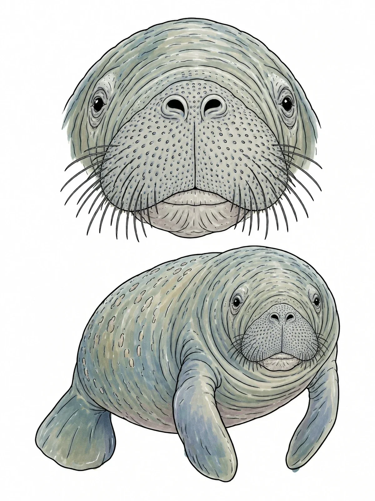 Colored example of the Detailed Manatee Portrait And Full Body coloring page
