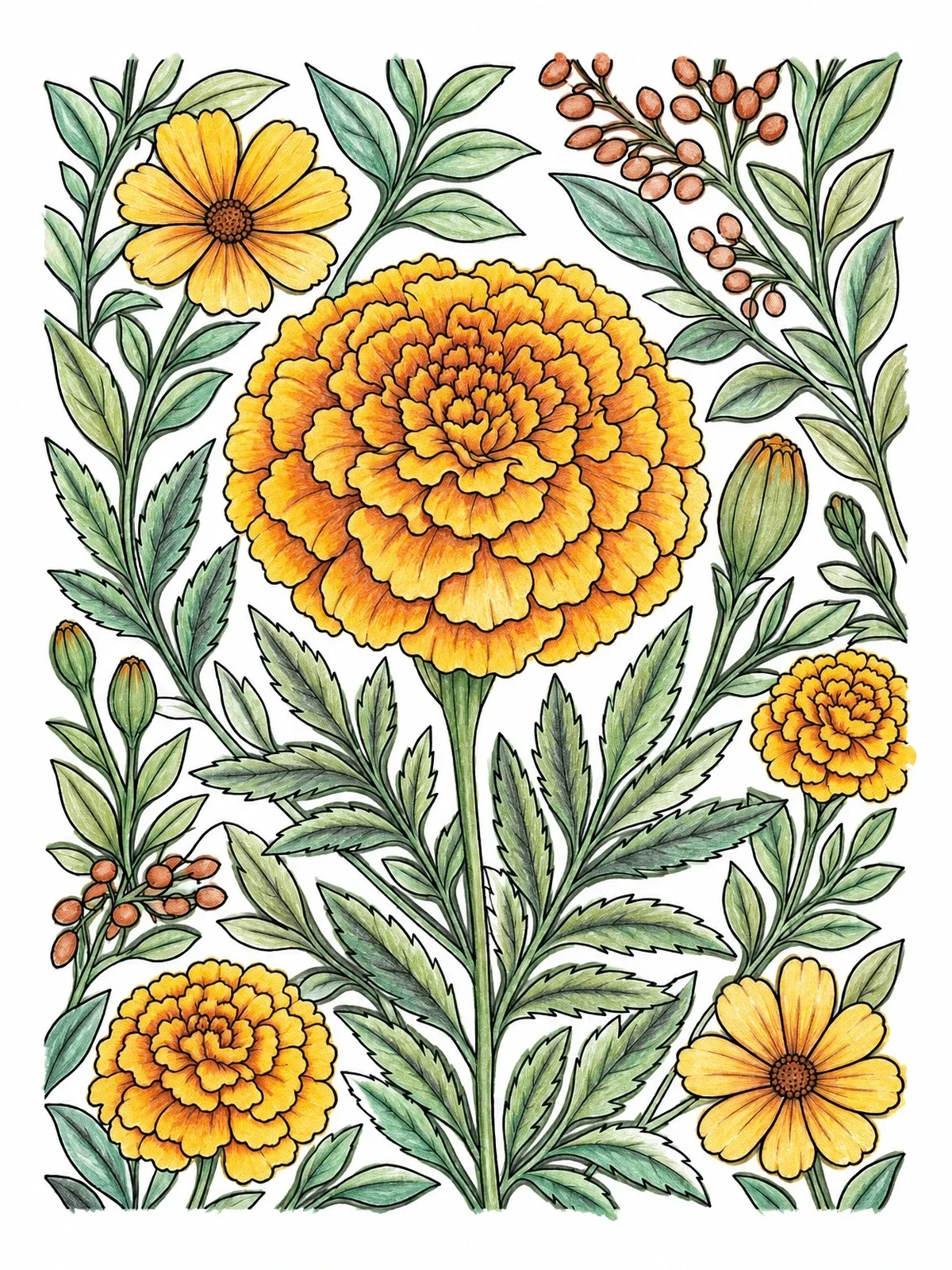 Colored example of the Detailed Marigold Flower Bloom coloring page