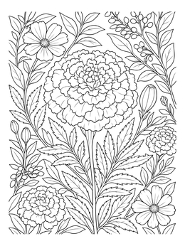 A detailed marigold flower coloring page featuring layered ruffled petals and garden foliage.