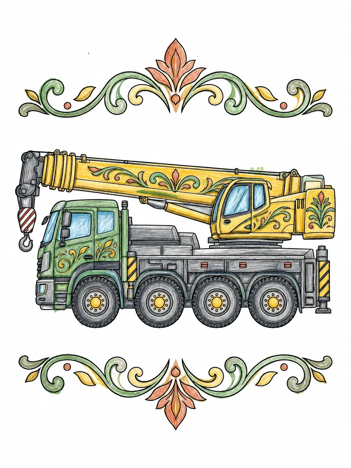Colored example of the Detailed Mobile Crane Truck With Filigree coloring page