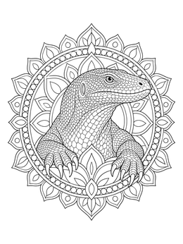 Intricate monitor lizard portrait framed by a circular mandala in this lizard coloring page.
