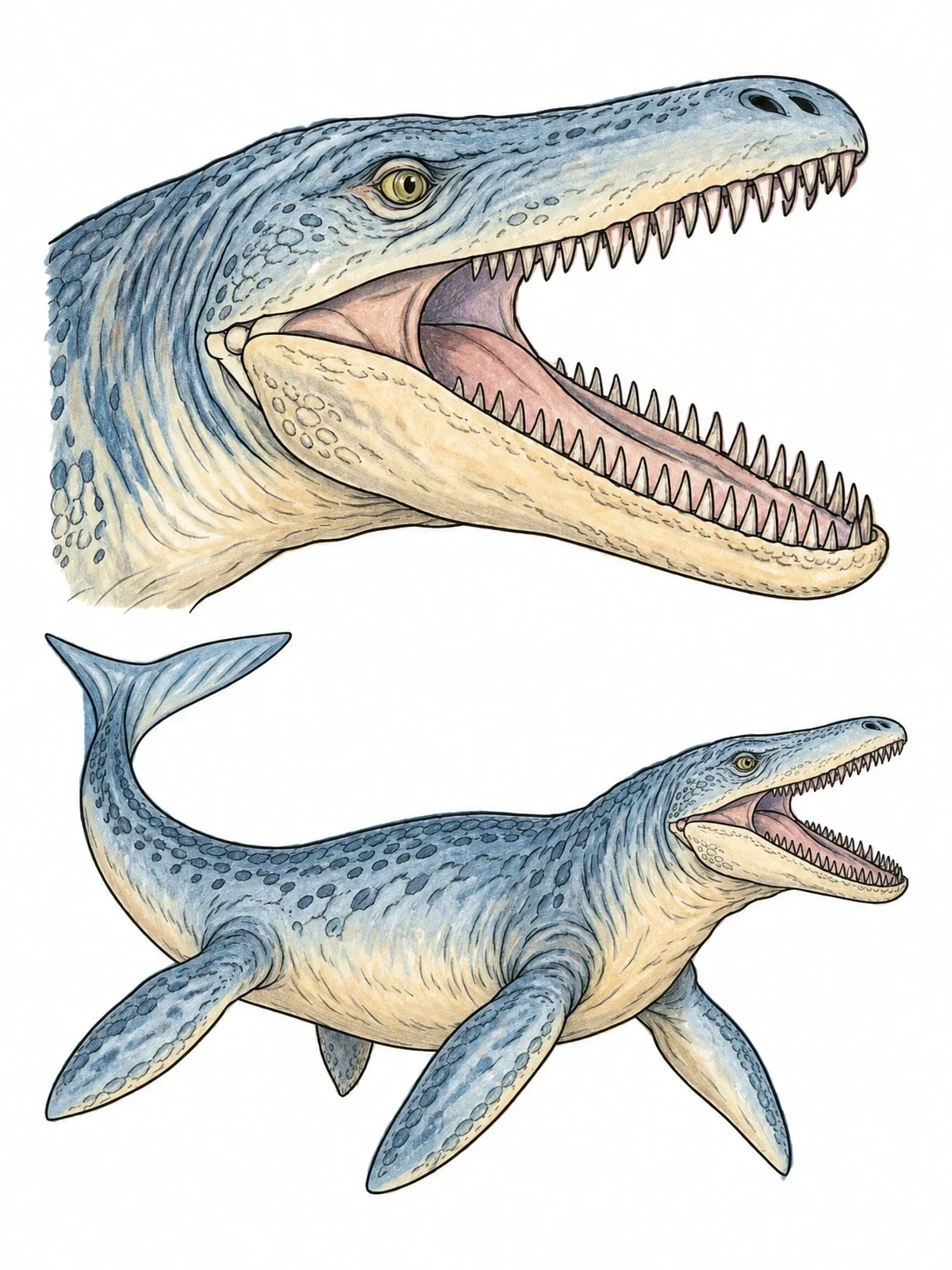 Colored example of the Detailed Mosasaurus Anatomy Study coloring page