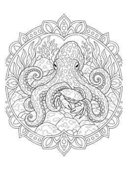 An intricate octopus coloring page featuring a crab and seabed inside a mandala frame.