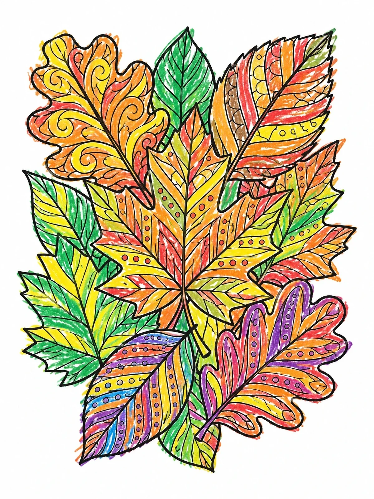 Colored example of the Detailed Patterned Autumn Leaves coloring page