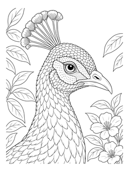 Intricate peacock coloring page featuring a head portrait framed by lush foliage and blooming flowers.