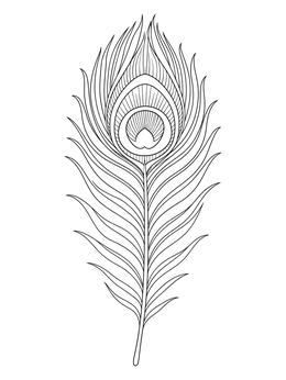 An intricate feather coloring page featuring a detailed peacock tail plume.