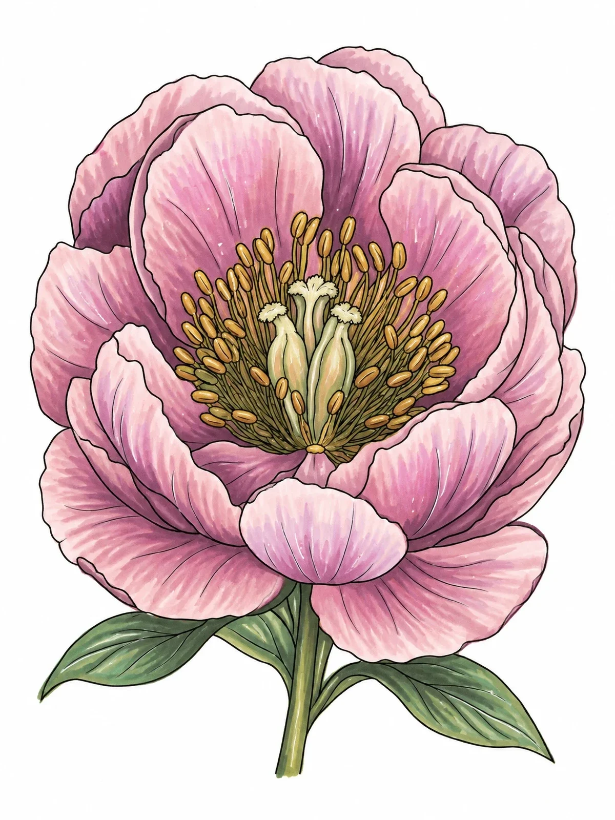 Colored example of the Detailed Peony Bloom In Full View coloring page