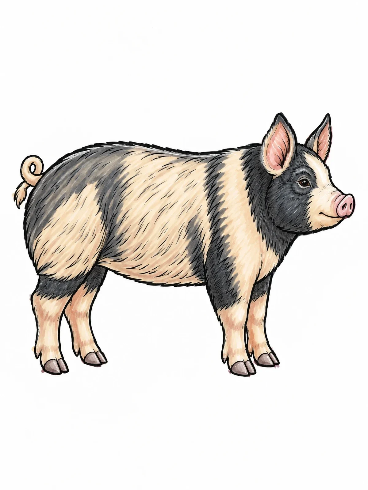Colored example of the Detailed Pig In Side Profile coloring page