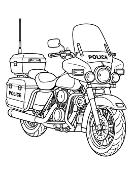 A detailed police motorcycle coloring page equipped with windshield, radio antenna, and side storage.