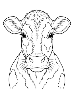 A detailed cow coloring page featuring a front-facing portrait with clear fur patterns.