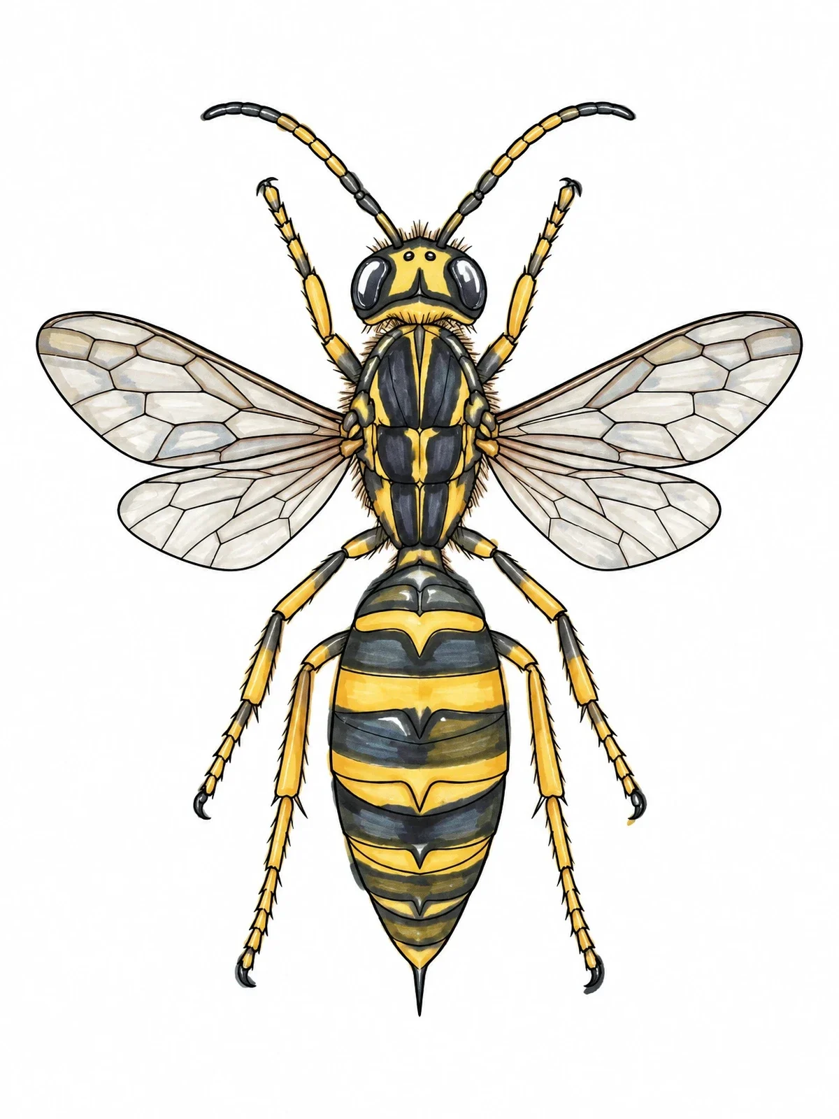 Colored example of the Detailed Realistic Wasp From Above coloring page