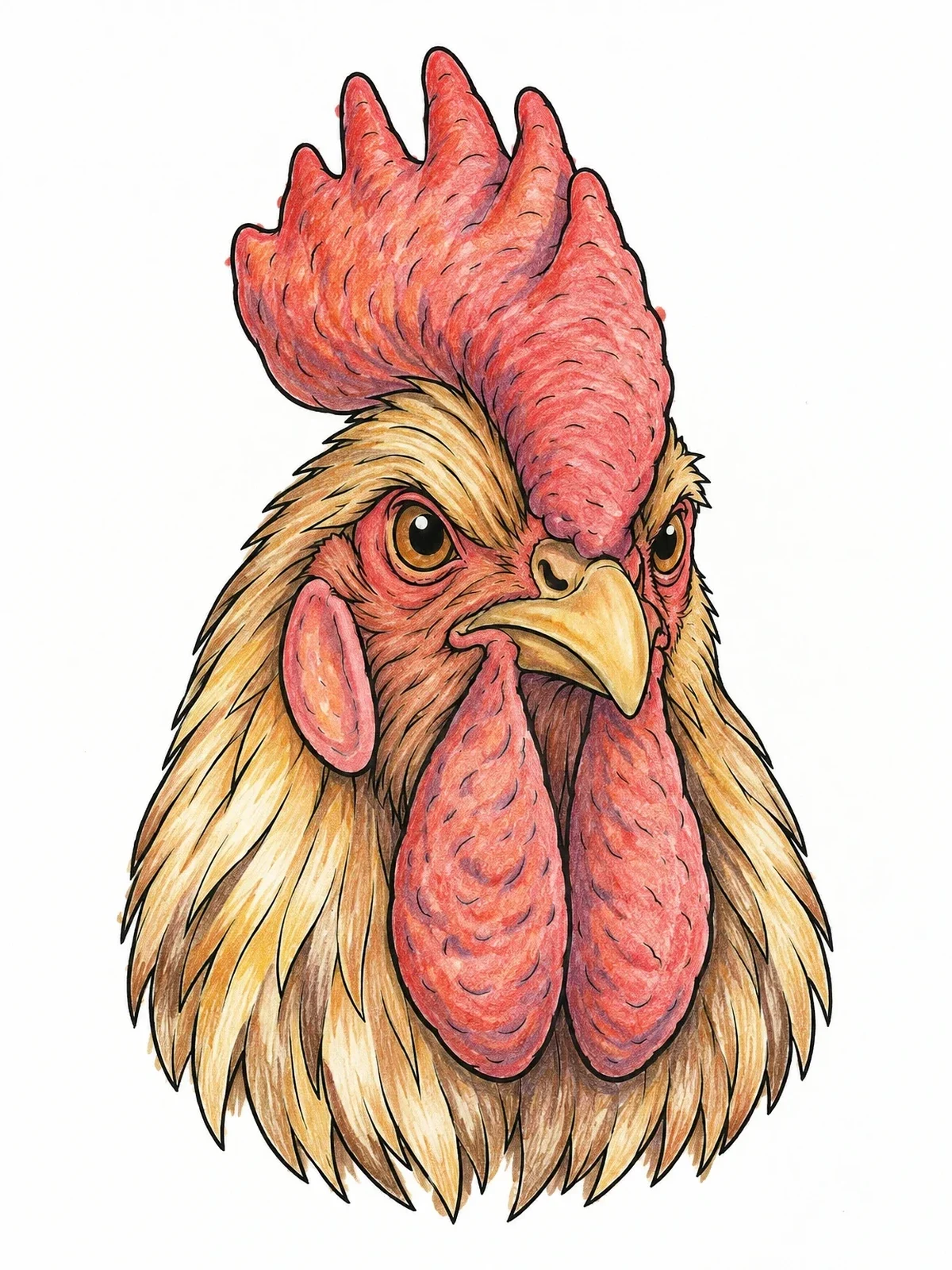 Colored example of the Detailed Rooster Head Portrait coloring page