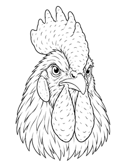 Detailed rooster coloring page showing a close-up head portrait with comb and wattles.