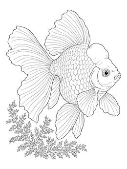 A detailed goldfish coloring page featuring a fancy Ryukin fish swimming above delicate aquatic moss.