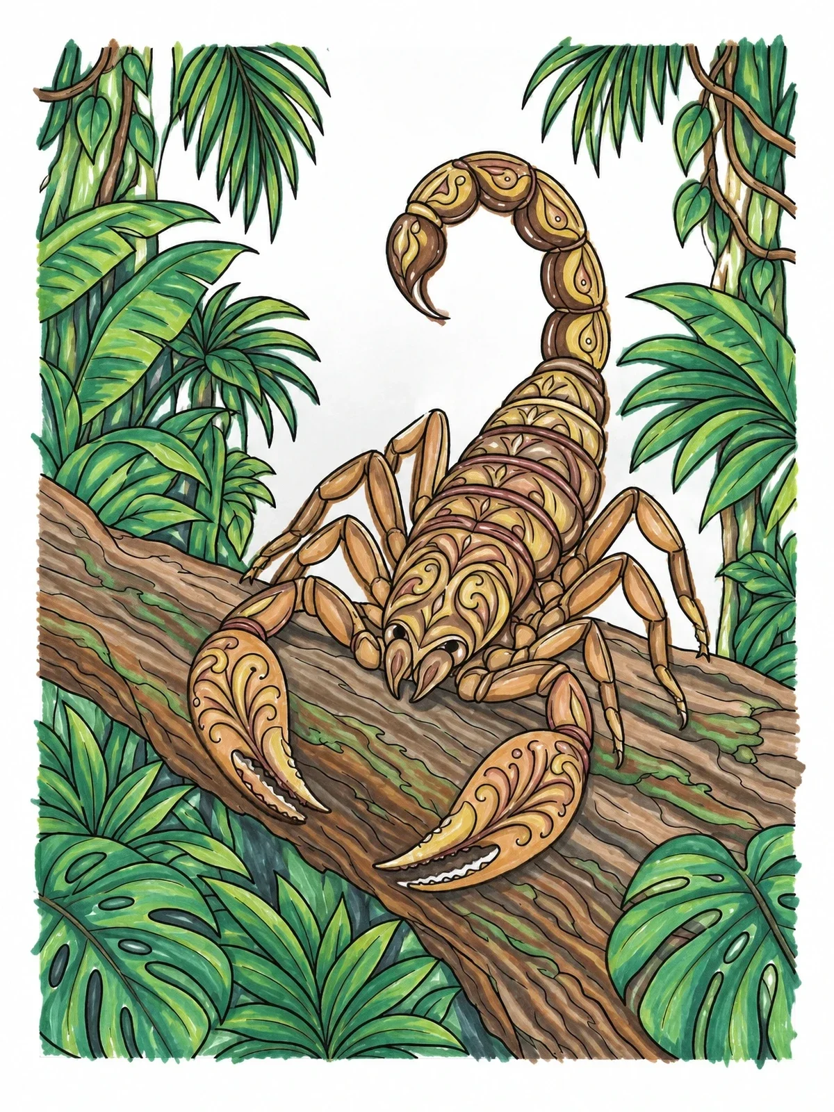 Colored example of the Detailed Scorpion In Rainforest coloring page