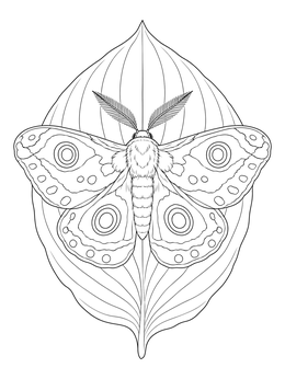 A detailed silk moth coloring page resting on a large ribbed leaf.
