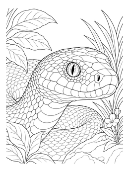 Close-up of a reptile in this snake coloring page with detailed scales and foliage.