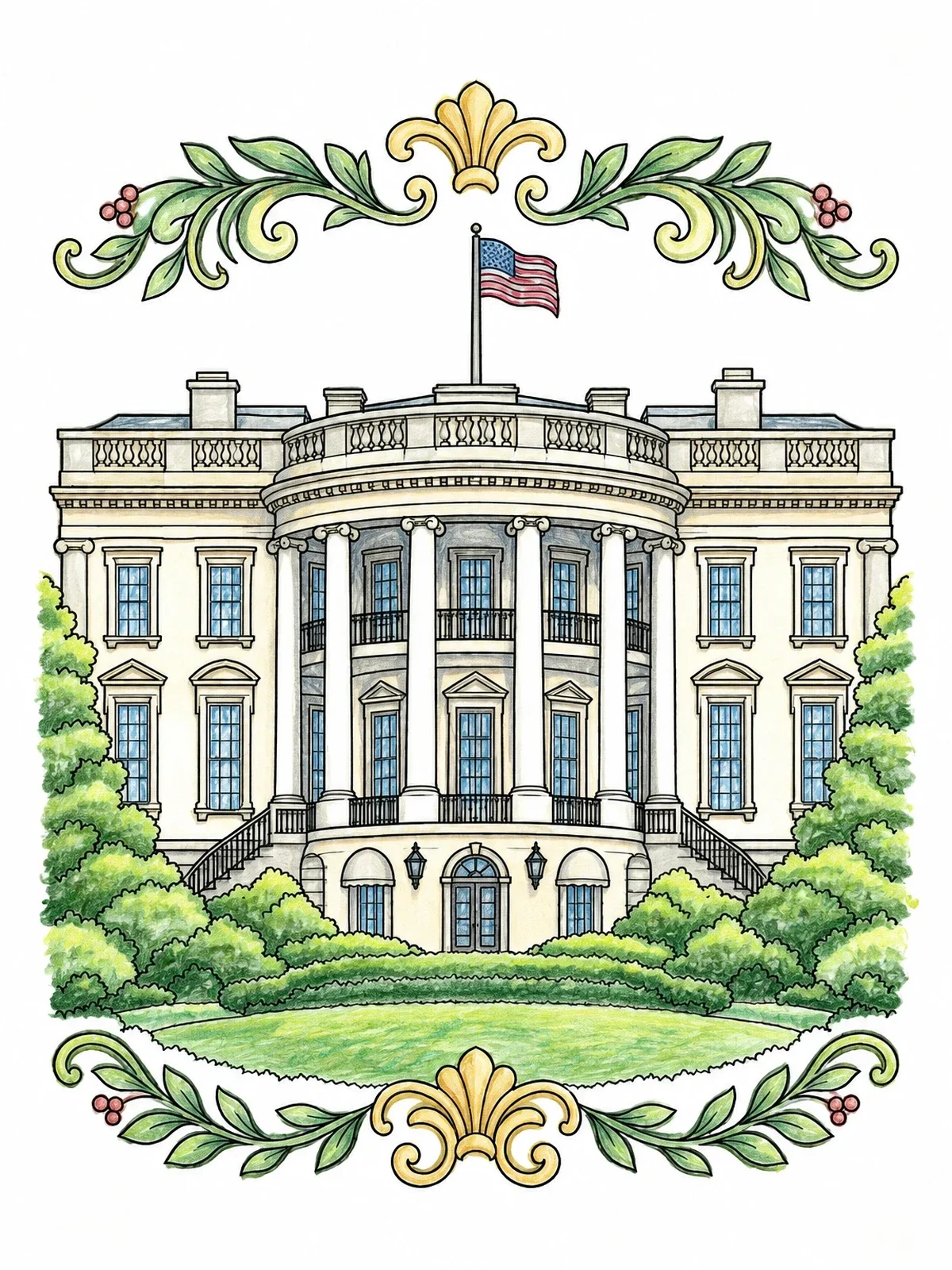 Colored example of the Detailed South Portico Of The White House coloring page