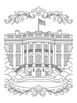 A detailed white house coloring page featuring the South Portico framed with ornate flourishes.