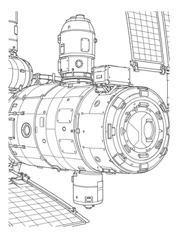 A detailed orbital laboratory in this space coloring page with solar panels.