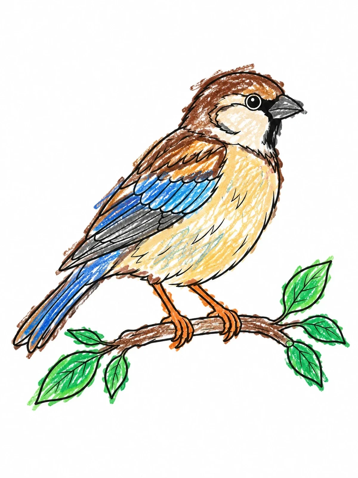 Colored example of the Detailed Sparrow On A Leafy Twig coloring page